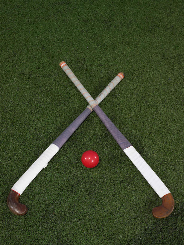 无人,体育馆,运动场,竖图,俯视,室外,特写,白天,曲棍球,草地,草坪,植物,球棒,冰球,冰上曲棍球,运动器械,体育场,草,绿色,健身器械,健身器材,运动馆,班迪球,冰球棒,彩图,高角度拍摄,运动器材