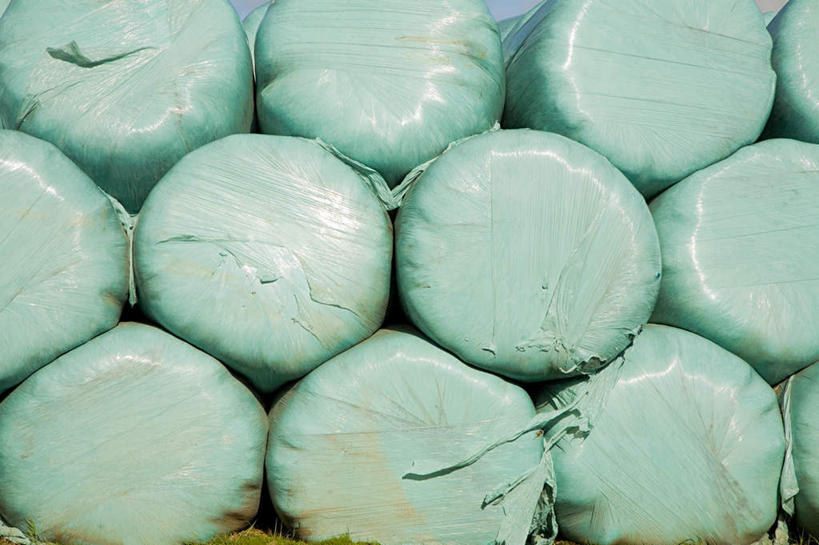 无人,横图,室外,白天,正面,一排,整齐,塑料,干草,排列,蓝色,塑料制品,草垛,堆,队列,干草垛,彩图