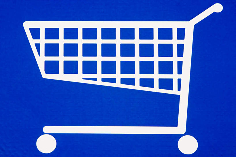 无人,横图,室内,特写,白天,正面,指示牌,静物,购物车,一辆,蓝色背景,标志,文字,标识,车,蓝色,白色,手推车,便利,存放,载具,快捷,方便,寄存,寄放,暂存,彩图