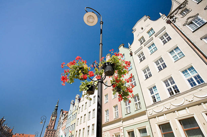 无人,家,横图,室外,白天,仰视,旅游,度假,植物,标志建筑,地标,建筑,路灯,叶子,照明,欧洲,波兰,一排,阴影,整齐,盛开,光线,盆栽,影子,房屋,屋子,公寓,灯光,绿叶,盆景,花蕾,娱乐,建设,洋房,楼房,住宅,灯,花,花瓣,花朵,鲜花,排列,蓝色,绿色,蓝天,天空,阳光,自然,天,花苞,花蕊,享受,休闲,嫩叶,旅游胜地,放松,生长,晴朗,成长,照亮,照明设备,队列,中欧,万里无云,省会,波兰共和国,格但斯克,波美拉尼亚,波美拉尼亚省,长广场,叶,叶片,晴空,晴空万里,彩图,低角度拍摄,房子