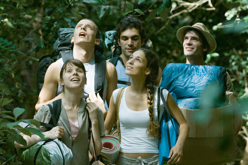 西方人,伙伴,朋友,站,笑,微笑,露齿笑,横图,室外,白天,正面,旅游,度假,友谊,森林,树林,植物,欧洲,欧洲人,五个人,阴影,朦胧,模糊,光线,包,影子,旅行包,注视,娱乐,树,树木,绿色,阳光,自然,背包,看,站着,享受,休闲,放松,生长,成长,关注,睡袋,友情,男人,男性,年轻男性,年轻女性,女人,女性,白种人,抬头,仰头,半身,彩图,双肩包