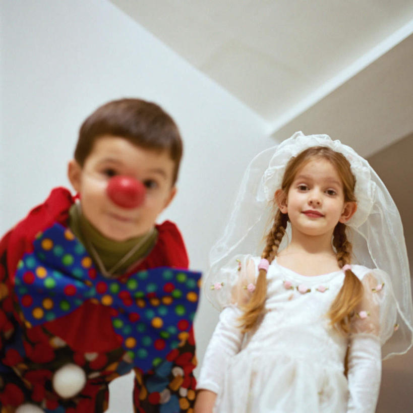 西方人,儿童,两个人,家庭,小丑,站,方图,室内,白天,正面,仰视,婚纱,游戏,纯洁,欧洲,欧洲人,弯腰,玩,注视,娱乐,小孩,观察,看,站着,休闲,温暖,温馨,一家人,可爱,童年,童趣,观看,活动,和睦,察看,关注,角色扮演,童真,烂漫,无邪,小丑鼻,弯身,小丑服,天真,男孩,男人,男性,女孩,女人,女性,白种人,丑角,玩耍,嬉戏,站立,半身,彩图,低角度拍摄,婚礼服,礼服,融洽,男生,女生