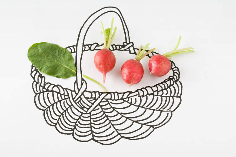 无人,横图,俯视,插画,室内,特写,白天,数码,科技,萝卜,叶子,阴影,整齐,网络,提篮,绿叶,菜篮,高光,几何,计算机图形,合成,图画,镂空,画,三个,红色,绿色,竹篮,嫩叶,水萝卜,电脑合成图,数码合成图,漫画,写实,具体,具象,叶,叶片,彩图,高角度拍摄