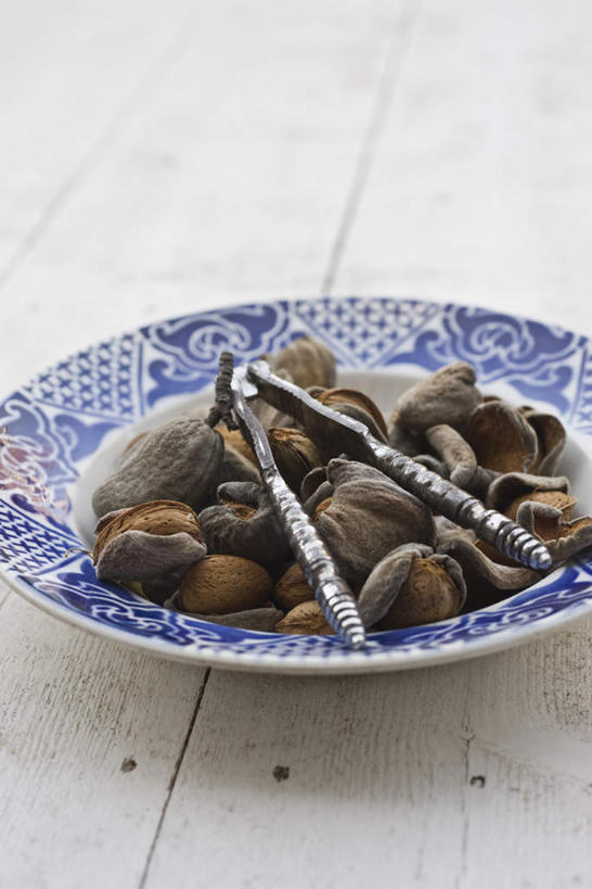 无人,竖图,俯视,室内,特写,白天,白色背景,餐桌,桌子,杏仁,静物,餐具,一堆,许多,堆叠,堆积,朦胧,模糊,碟子,工具,盘,钳子,坚果,果壳,一个,盘子,碟,摄影,影棚,单个,餐台,堆,五金,核桃钳,胡桃钳,一碟,杏子,杏梅仁,杏核仁,木落子,苦杏仁,彩图,高角度拍摄,影棚拍摄,拍摄