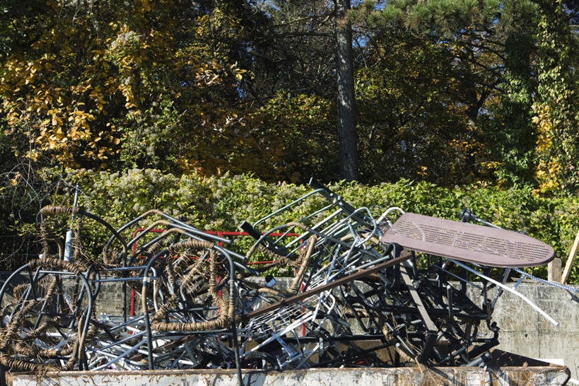 无人,横图,室外,白天,正面,草地,草坪,植物,椅子,许多,废弃,阴影,环保,生锈,光线,铁,金属,影子,地面,草,树,树木,绿色,阳光,自然,生长,成长,回收,资源,利用,低碳,循环,彩图