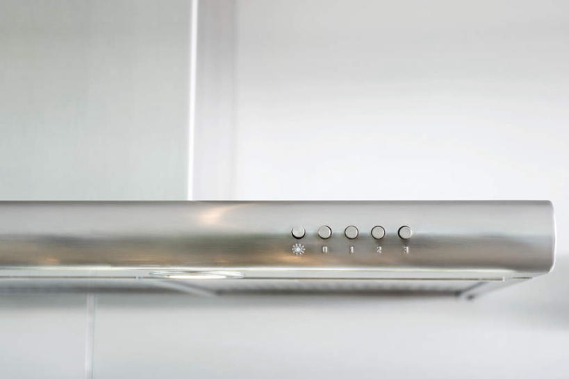 无人,横图,室内,特写,白天,正面,静物,一排,许多,整齐,厨房用具,电器,墙,墙壁,墙面,排列,灰色,按钮,油烟机,家电,队列,彩图