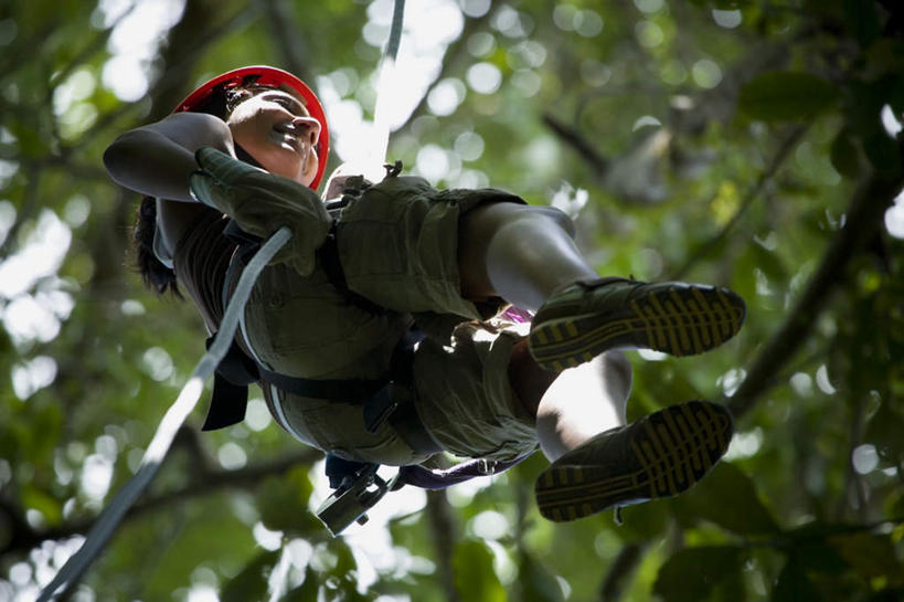 西方人,一个人,笑,微笑,横图,室外,白天,仰视,运动服,锻炼,旅游,度假,探险,安全,运动,森林,树林,植物,帽子,欧洲,欧洲人,仅一个年轻女性,仅一个女性,仅一个人,服装,朦胧,模糊,头盔,带子,防护,注视,娱乐,极限运动,树,树木,衣服,绿色,自然,安全带,安全帽,绳子,观察,看,享受,休闲,放松,服饰,生长,成长,观看,保护,绳索,察看,衣着,穿着,关注,室外运动,下降,降落,保险,户外运动,速降,安全绳,保全,周全,安稳,安定,衣饰,降低,下跌,下落,冒险,平安,体育,年轻女性,女人,女性,白种人,彩图,低角度拍摄,全身,健身,运动装