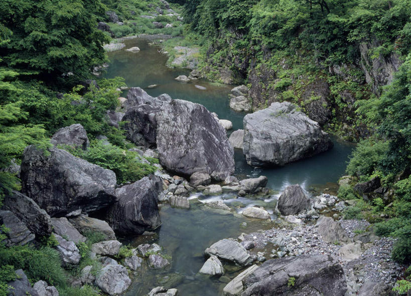无人,横图,俯视,室外,白天,旅游,度假,河流,石头,美景,山,水,植物,日本,亚洲,石子,河水,景观,山峰,水流,山峦,娱乐,树,树木,绿色,自然,享受,休闲,景色,放松,生长,成长,自然风光,东亚,本州,关东地方,本州岛,日本国,栃木,栃木县,藤冈町,石块,岩石,彩图,高角度拍摄
