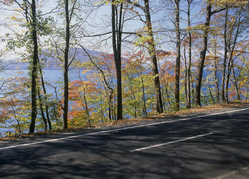 无人,公园,横图,室外,白天,正面,旅游,度假,湖,湖泊,美景,山,水,植物,道路,路,公路,日本,亚洲,阴影,光线,影子,湖面,景观,山峰,水流,水面,分界线,停车线,交通,山峦,娱乐,树,树木,蓝色,绿色,蓝天,天空,阳光,自然,湖水,天,享受,休闲,景色,放松,生长,成长,车行道,车行道分界线,自然风光,标线,东亚,车行线,本州,本州岛,日本国,青森,青森县,东北地方,十和田湖,十和田八幡平国立公园,马路,彩图
