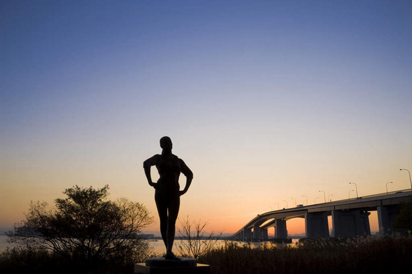 无人,横图,室外,白天,正面,旅游,度假,草地,草坪,日出,湖,湖泊,水,太阳,植物,大桥,立交桥,桥梁,雕塑,日本,亚洲,雕像,湖面,水流,水面,高架,斜拉桥,桥,朝霞,晨曦,黎明,背光,娱乐,草,树,树木,蓝色,绿色,蓝天,天空,阳光,自然,湖水,天,享受,休闲,放松,生长,成长,逆光,东亚,本州,本州岛,日本国,近畿地方,近畿,滋贺,滋贺县,琵琶湖,朝阳,彩图,破晓