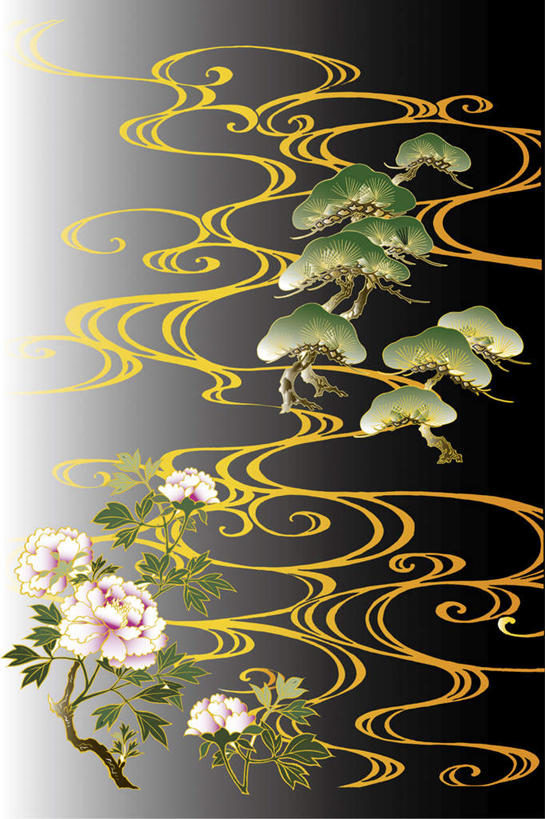 无人,竖图,插画,室内,白天,正面,数码,科技,植物,牡丹花,松树,叶子,许多,阴影,波纹,黑色背景,花纹,盛开,网络,枝条,粉红,高光,几何,计算机图形,合成,花蕾,图画,画,花,花瓣,花朵,鲜花,树,树木,树枝,粉色,黄色,绿色,水纹,自然,波浪,花苞,花蕊,生长,成长,电脑合成图,数码合成图,富贵,漫画,写实,具体,具象,鼠姑,鹿韭,白茸,百雨金,浓情,圆满,富贵花,洛阳花,牡丹,木芍药,芍药,彩图