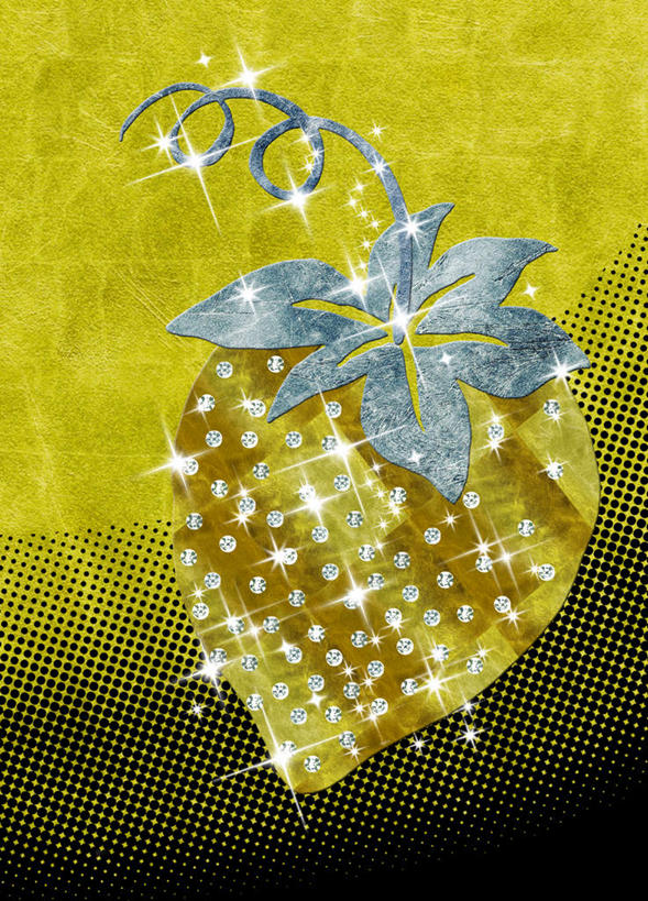 无人,竖图,插画,室内,白天,正面,数码,科技,草莓,叶子,珠宝,阴影,网络,斑点,高光,黑点,几何,计算机图形,合成,图画,画,黑色,金色,钻,明亮,电脑合成图,数码合成图,漫画,写实,具体,具象,叶,叶片,洋莓,水果皇后,红莓,地莓,彩图
