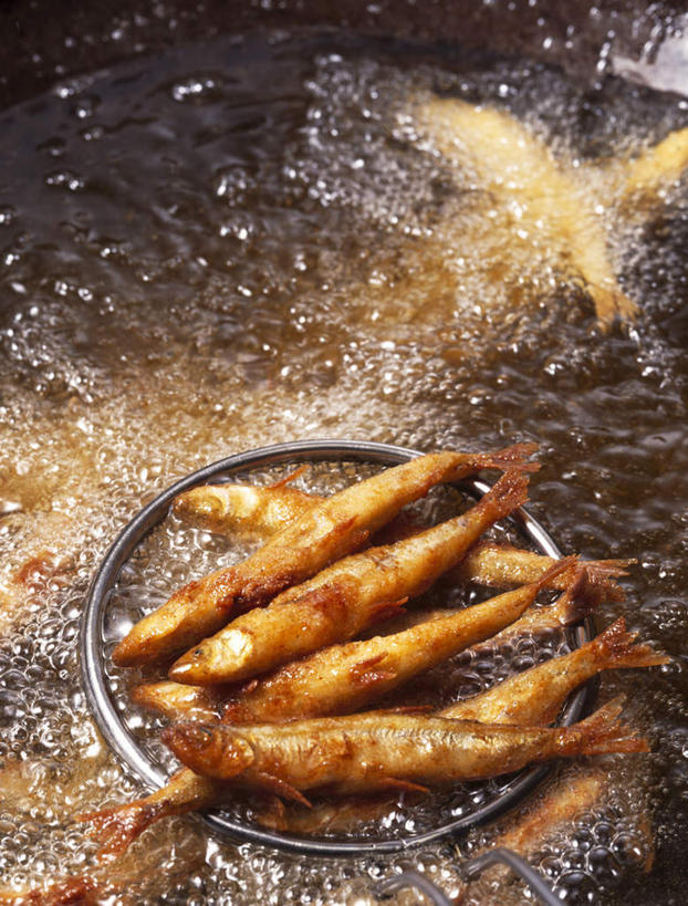 海鲜,无人,竖图,俯视,室内,特写,白天,烹饪,餐具,朦胧,模糊,油,油炸,日本料理,料理,食品,香鱼,锅,水产,菜肴,美食,食物,日式料理,日式,佳肴,海产品,鲇鱼,进餐用具,烹调用具,彩图,高角度拍摄