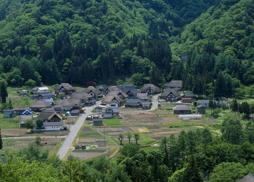 无人,农田,横图,俯视,室外,白天,旅游,度假,庄稼,美景,森林,树林,植物,道路,路,日本,亚洲,景观,乡村,城镇,小路,交通,娱乐,树,树木,绿色,自然,村庄,享受,休闲,景色,放松,乡间小路,生长,成长,村落,自然风光,东亚,本州,本州岛,日本国,东北地方,福岛,福岛县,彩图,高角度拍摄,耕地,庄稼田