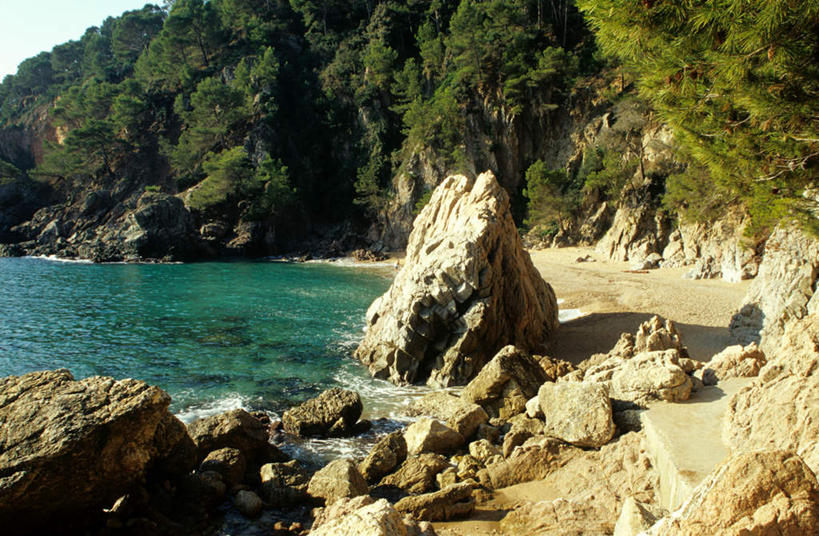 无人,横图,室外,白天,正面,旅游,度假,海浪,海洋,石头,美景,森林,沙滩,树林,植物,西班牙,欧洲,阴影,光线,沙子,石子,影子,海岸,景观,浪花,沙地,娱乐,树,树木,绿色,阳光,自然,海水,享受,休闲,景色,放松,生长,成长,南欧,自然风光,海景,加泰罗尼亚,西班牙王国,大海,风浪,海,海水的波动,海滩,近岸浪,石块,岩石,涌浪,彩图