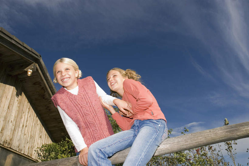 西方人,两个人,伙伴,朋友,木屋,栏杆,站,笑,微笑,露齿笑,横图,室外,白天,仰视,友谊,纯洁,植物,欧洲,欧洲人,服装,栅栏,篱笆,云,云朵,围栏,云彩,注视,护栏,树,树木,衣服,蓝色,绿色,白云,蓝天,天空,自然,天,观察,看,站着,可爱,童年,童趣,服饰,生长,晴朗,成长,观看,察看,衣着,穿着,关注,童真,烂漫,无邪,衣饰,天真,友情,年轻女性,女人,女性,白种人,晴空,站立,半身,彩图,低角度拍摄,茅舍,茅屋,棚屋,小木屋,小屋