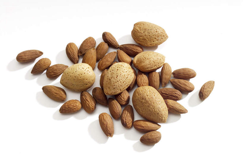 无人,横图,俯视,室内,特写,白天,白色背景,杏仁,许多,阴影,反射,影子,摄影,影棚,杏子,杏梅仁,杏核仁,木落子,苦杏仁,彩图,高角度拍摄,影棚拍摄,拍摄