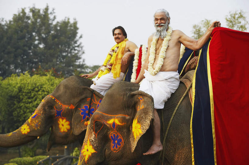 胡须,头发,两个人,坐,横图,室外,白天,仰视,民族服装,树林,植物,大象,野生动物,亚洲,戴,握,花纹,节日,朦胧,模糊,艺术,彩绘,花环,图案,拿,拿着,注视,文化,竹竿,树,树木,两个,绿色,白色,自然,动物,观察,看,祈祷,健康,可爱,握着,许愿,宗教,信仰,活泼,生长,成长,赤裸,观看,纪念,祈求,察看,关注,凶猛,人体彩绘,美观,纹身彩绘,平安,老年男性,男人,男性,年轻男性,亚洲人,印度人,胡子,络腮胡,坐着,彩图,低角度拍摄,全身,传统服装,民俗服