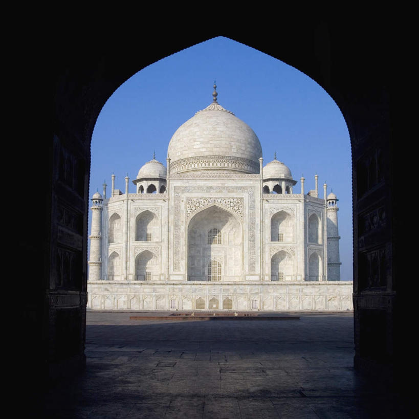 无人,方图,室内,白天,正面,旅游,度假,名胜古迹,地标,泰姬陵,印度,亚洲,阴影,遗迹,光线,影子,拱门,古迹,文物,娱乐,古建筑,蓝色,蓝天,天空,阳光,天,享受,休闲,旅游胜地,放松,晴朗,陵墓,南亚,古文明,世界文化遗产,万里无云,泰姬.马哈尔陵,伊斯兰建筑,泰姬玛哈,世界七大奇迹,晴空,晴空万里,彩图,标志性建筑