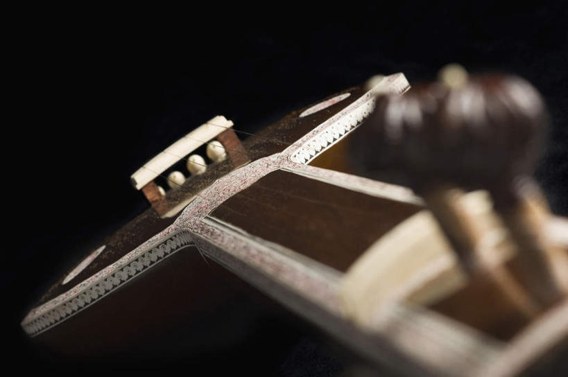 无人,横图,俯视,室内,特写,白天,白色背景,静物,阴影,朦胧,模糊,反射,影子,乐器,弦乐器,一个,摄影,影棚,单个,弓拉弦乐器,弓拉弦鸣乐器,西塔尔,西塔琴,锡塔尔琴,彩图,高角度拍摄,影棚拍摄,拍摄