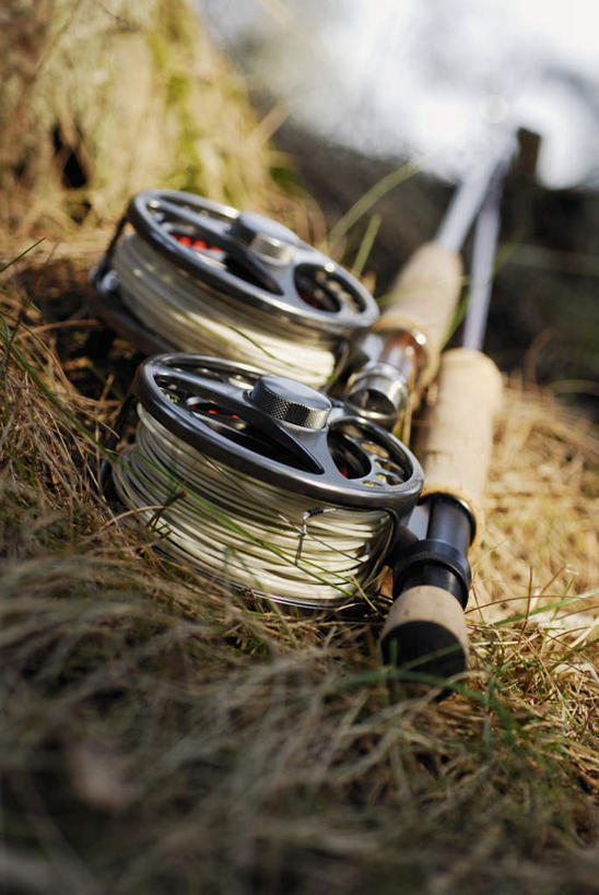 无人,竖图,俯视,室外,特写,白天,草地,草坪,植物,钓鱼竿,阴影,朦胧,模糊,光线,影子,草,两个,绿色,阳光,渔具,鱼线轮,卷线器,钓竿,鱼竿,彩图,高角度拍摄,钓鱼