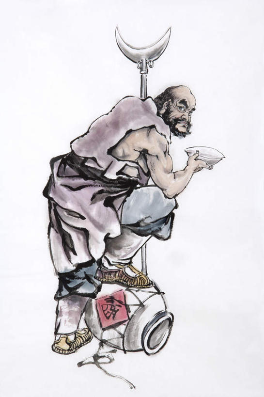 东方人,胡须,一个人,无人,和尚,站,竖图,插画,室内,白天,白色背景,侧面,数码,科技,花瓶,亚洲,仅一个男性,仅一个人,仅一个中年男性,阴影,神话,网络,陶瓷,陶瓷制品,高光,几何,计算机图形,合成,图画,注视,黄种人,踩,画,瓶子,踩着,观察,看,站着,小说,观看,电脑合成图,数码合成图,察看,合成图,关注,文学,漫画,鲁智深,写实,具体,具象,法衣,名著,四大名著,男人,男性,中年男性,亚洲人,胡子,络腮胡,站立,彩图,全身,天孤星,提辖,步军大都督,花和尚,鲁达,忠义水浒传,水浒传,水浒,戒刀,僧衣