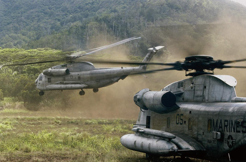 无人,横图,室外,白天,正面,森林,树林,植物,美国,飞翔,阴影,飞行,光线,影子,翱翔,飞,树,树木,绿色,阳光,自然,运输,空军,生长,成长,直升机,北美,北美洲,美洲,军用机,运输机,美军,军用战斗机,军用运输器,海上种马运输直升机,海马运输直升机,两架,CH-53海马运输直升机,CH-53海上种马运输直升机,北亚美利加洲,亚美利加洲,彩图