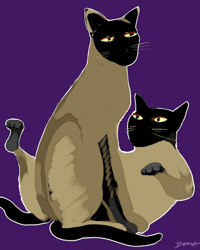 无人,坐,躺,竖图,插画,室内,白天,侧面,数码,科技,宠物,猫,阴影,紫色背景,网络,暹罗猫,高光,几何,计算机图形,合成,图画,扭头,注视,画,动物,观察,看,转头,两只,可爱,观看,电脑合成图,数码合成图,察看,合成图,关注,猫咪,漫画,写实,具体,具象,泰国猫,西母猫,卧着,躺着,卧,坐着,彩图,全身