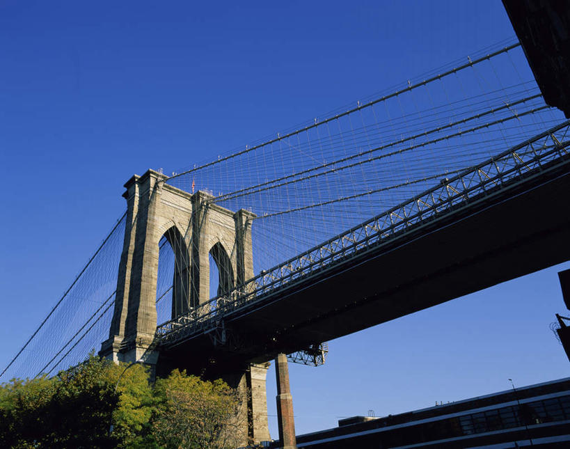 无人,横图,室外,白天,仰视,旅游,度假,植物,标志建筑,城市,大桥,地标,建筑,桥梁,纽约,美国,阴影,光线,影子,布鲁克林大桥,桥,曼哈顿,娱乐,建设,树,树木,蓝色,绿色,蓝天,天空,阳光,自然,天,享受,休闲,钢索,旅游胜地,放松,吊桥,生长,晴朗,成长,北美,北美洲,美洲,纽约州,万里无云,布鲁克林桥,帝国之州,帝国州,北亚美利加洲,亚美利加洲,石桥墩,晴空,晴空万里,彩图,低角度拍摄,曼哈顿岛