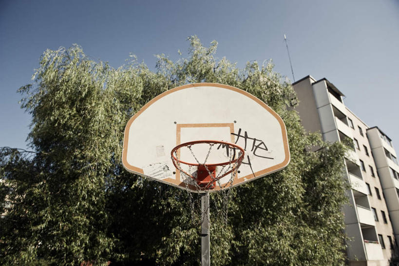 无人,家,横图,室外,白天,仰视,植物,篮球框,房屋,屋子,公寓,洋房,楼房,住宅,树,树木,蓝色,绿色,蓝天,天空,自然,天,篮球网,生长,晴朗,成长,万里无云,篮球板,晴空,晴空万里,彩图,低角度拍摄,房子