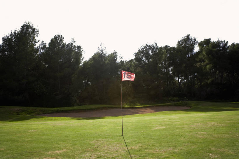 无人,横图,室外,白天,正面,草地,草坪,植物,旗帜,西班牙,欧洲,阴影,光线,影子,球场,旗子,高尔夫球场,草,树,树木,红色,绿色,阳光,自然,生长,成长,南欧,绿茵场,马略卡岛,西班牙王国,旌旗,旗号,巴利阿里群岛,马略卡,彩图