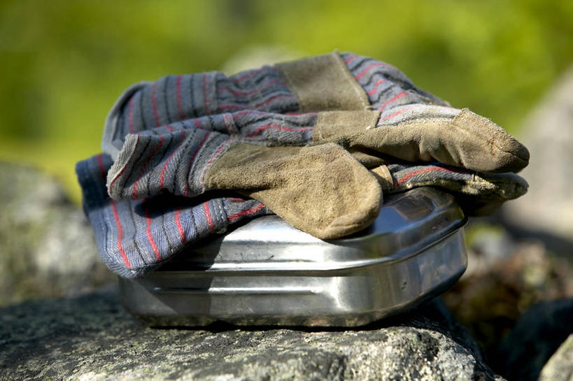 无人,横图,室外,特写,白天,正面,安全,草地,草坪,植物,桌子,金属制品,阴影,朦胧,模糊,光线,金属,饭盒,影子,防护,草,绿色,阳光,容器,手套,储藏,保护,储存,保险,保全,周全,安稳,安定,防护手套,平安,彩图,贮存