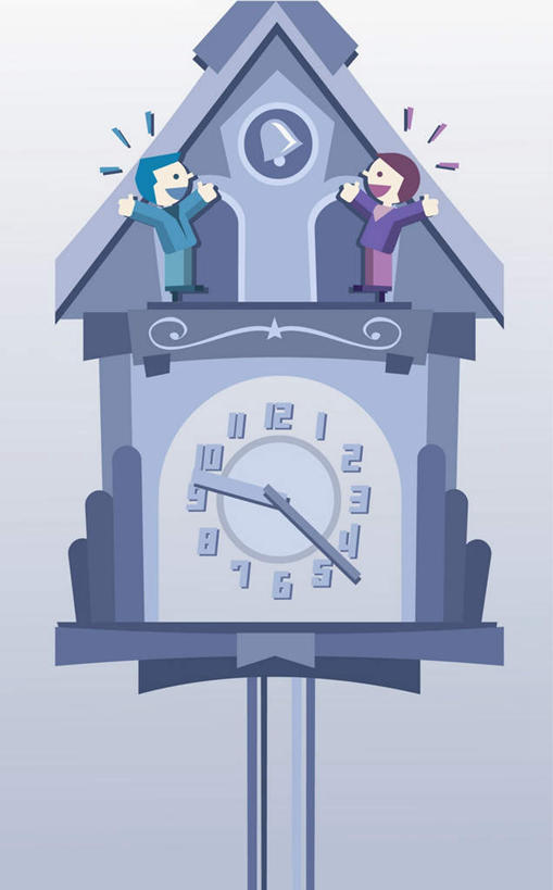 无人,两个人,竖图,插画,室内,特写,白天,正面,数码,科技,静物,阴影,蓝色背景,时间,网络,时钟,高光,几何,计算机图形,合成,计时,图画,画,一个,蓝色,钟表,表,单个,电脑合成图,数码合成图,合成图,漫画,写实,具体,具象,布谷鸟钟,咕咕钟,男人,男性,年轻男性,年轻女性,女人,女性,钟,彩图