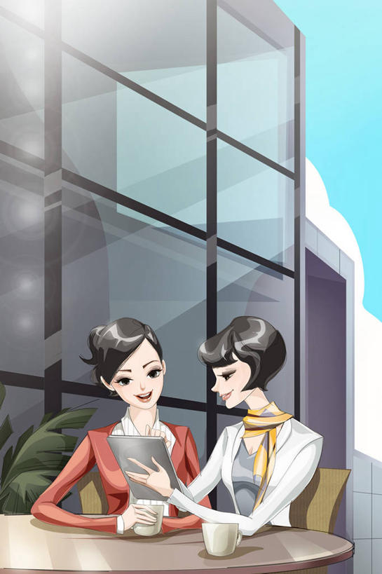 两个人,商务人士,商务女性,坐,微笑,竖图,插画,室内,商务,时尚,讨论,快乐,幸福,数码,科技,窗户,桌子,椅子,阴影,套装,开会,工作,会议,网络,咖啡杯,高光,几何,计算机图形,合成,图画,画,职业,摄影,电脑合成图,数码合成图,享乐,经理,合成图,商务装,漫画,工薪阶层,平板电脑,写实,具体,具象,年轻女性,女人,白领,上班族,说话,彩图,欢乐,咖啡馆,首席执行官,商务会议
