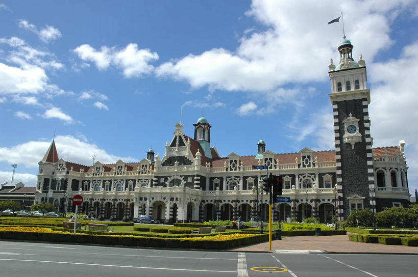 无人,横图,室外,白天,旅游,建筑,火车,车站,新西兰,云,宏伟,蓝色,风景,天空,地标建筑,美女,摄影,建造,大洋洲,达尼丁,彩图,旅行