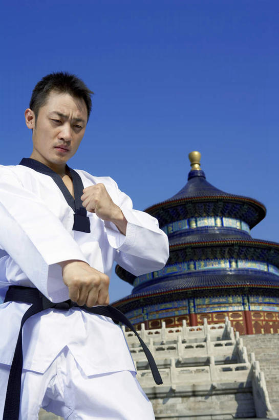 一个人,天坛,站,竖图,留白,侧面,仰视,制服,热情,运动,信心,竞争,跆拳道,北京,中国,亚洲,传统,夏天,奥运,力量,摄影,动作,中国文化,黑带,挑战,弹性,年轻男性,中国人,年轻人,彩图,低角度拍摄,精力,韧性,摆拍