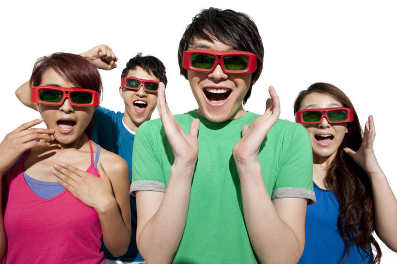 东方人,四个人,横图,白色背景,正面,兴奋,友谊,电影院,中国,亚洲,刺激,惊奇,愉悦,东亚,3D眼镜,年轻男性,年轻女性,亚洲人,中国人,年轻人,休闲活动,半身,彩图,影棚拍摄