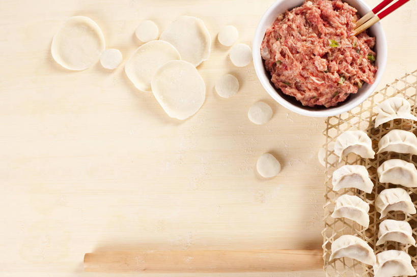 无人,横图,留白,静物,春节,准备,擀面杖,食品,饺子,案板,主食,饮食,摄影,中国文化,彩图,牛肉末,小麦面粉