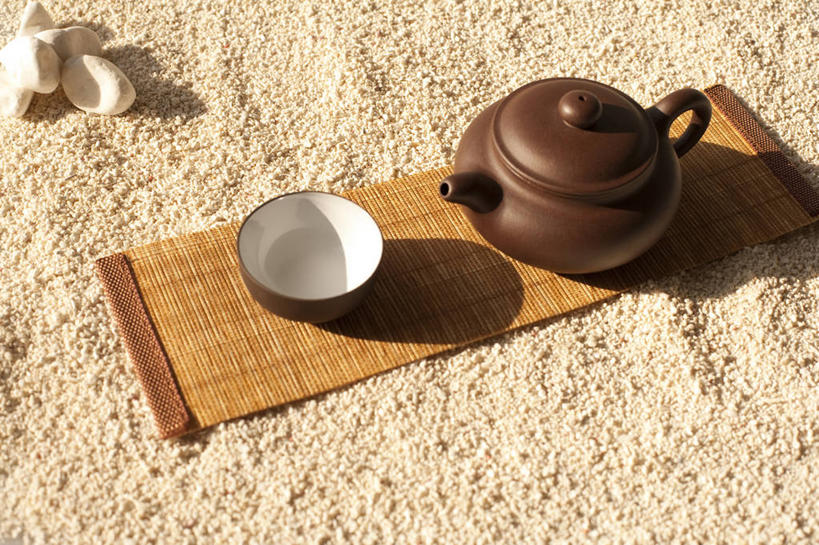 无人,横图,俯视,静物,壶,沙子,汉字,摄影,紫砂壶,竹简,中国文化,东亚文化,茶杯,彩图,高角度拍摄,影棚拍摄