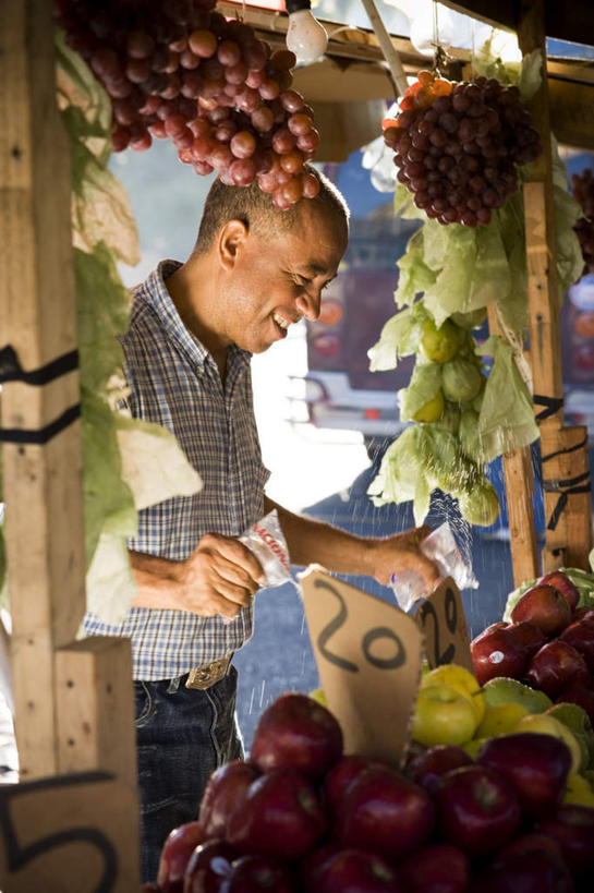 西方人,一个人,站,笑,微笑,露齿笑,竖图,室外,白天,侧面,衬衫,购物,消费,柑橘,葡萄,袋子,水果,欧洲,欧洲人,仅一个男性,仅一个人,仅一个中年男性,吊挂,悬挂,阴影,条纹,新鲜,光线,包装袋,标签,标志,手提袋,数字,摊位,文字,影子,字符,生食,食品,果实,购物袋,拿,拿着,注视,标识,食物,蓝色,黑色,阳光,观察,看,站着,金融,阿拉伯数字,有机食品,绿色食品,观看,察看,购买,关注,贸易,男人,男性,中年男性,白种人,山葫芦,蒲桃,橘子,桔子,橙子,橙,草龙珠,抬头,仰头,站立,半身,彩图,衬衣,短发