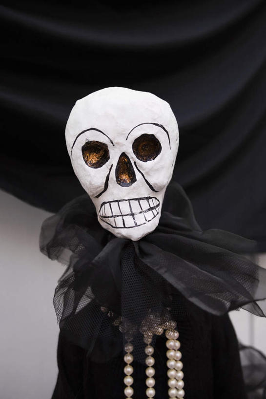 无人,竖图,室内,特写,白天,仰视,静物,朦胧,模糊,装饰,骷髅,面具,丝巾,一个,黑色,单个,华丽,修饰,点缀,衬托,美观,雅致,雅观,丝织品,彩图,低角度拍摄