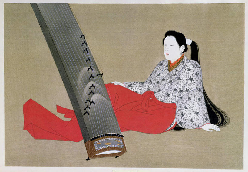 东方人,一个人,无人,坐,横图,室内,白天,侧面,绘画,油画,亚洲,仅一个年轻女性,仅一个女性,仅一个人,撑,服装,艺术,装饰,头饰,乐器,弦乐器,古典,注视,黄种人,文化,衣服,工艺品,观察,看,品味,服饰,观看,华丽,修饰,美术,点缀,察看,撑着,高雅,衣着,穿着,关注,古筝,美学,衬托,美观,雅致,雅观,衣饰,年轻女性,女人,女性,亚洲人,坐着,彩图,全身,传统服装