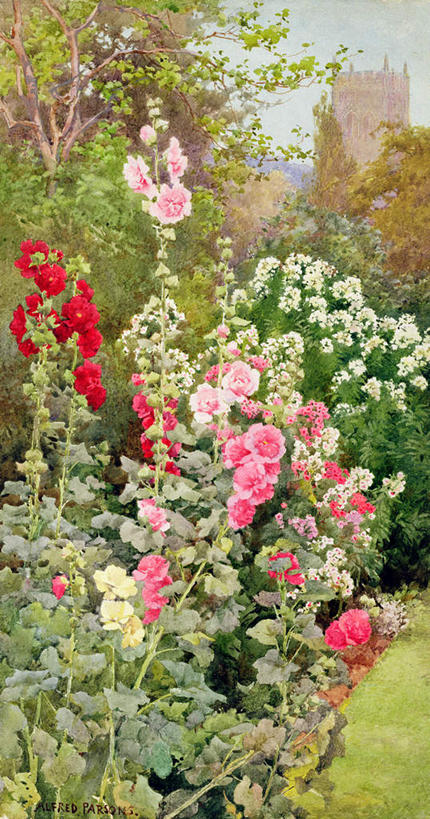 无人,竖图,室内,白天,正面,绘画,草地,草坪,花海,花圃,美景,植物,叶子,油画,艺术,盛开,堡垒,城堡,景观,古典,花蕾,文化,草,花,花瓣,花朵,花卉,鲜花,树,树木,蓝色,绿色,蓝天,天空,自然,工艺品,花丛,花束,花田,天,花苞,花蕊,品味,景色,生长,晴朗,成长,美术,高雅,要塞,自然风光,万里无云,美学,胡葵,戎葵,蜀葵,卫足葵,一丈红,设防,晴空,晴空万里,彩图