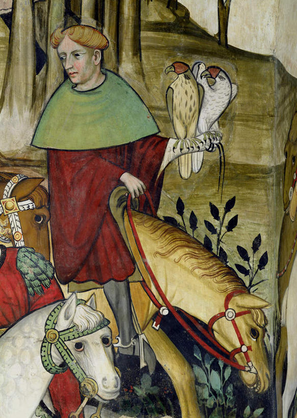 西方人,一个人,无人,站,竖图,室内,白天,正面,民族服装,绘画,马,鸟,野生动物,欧洲,欧洲人,仅一个男性,仅一个人,仅一个中年男性,牵,艺术,装饰,鸟类,墙,注视,文化,壁画,墙壁,墙面,动物,观察,看,站着,运输,牲畜,五只,观看,牵着,华丽,修饰,点缀,察看,关注,猎鹰,衬托,美观,雅致,雅观,隼,猎隼,男人,男性,中年男性,白种人,画画,站立,半身,彩图,传统服装,民俗服