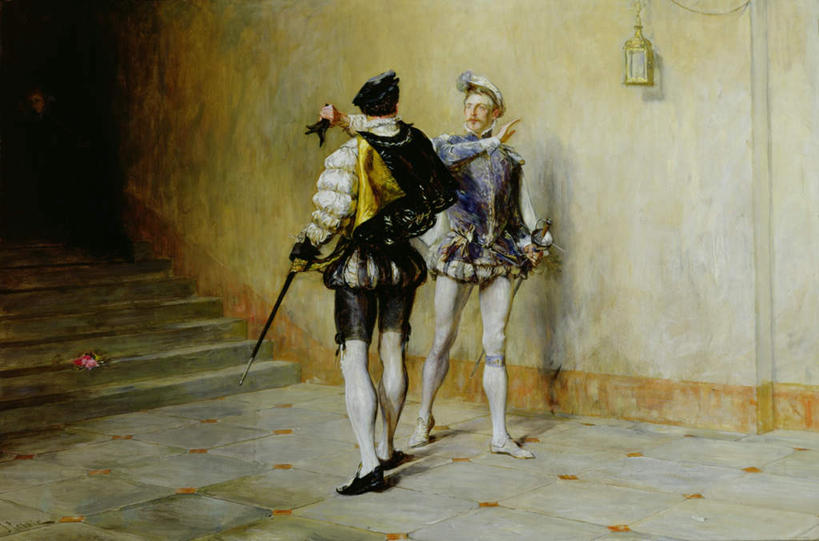 西方人,背部,无人,两个人,站,横图,室内,白天,正面,民族服装,绘画,楼梯,帽子,照明,油画,欧洲,欧洲人,艺术,冲突,壁灯,阶梯,墙,灯光,古典,礼帽,文化,相视,墙壁,墙面,台阶,灯,工艺品,灯具,品味,站着,面对面,武器,对视,照亮,美术,高雅,剑,照明设备,矛盾,兵器,相对,相看,美学,敌人,男人,男性,年轻男性,白种人,辩论,站立,彩图,全身,传统服装,民俗服,抵触