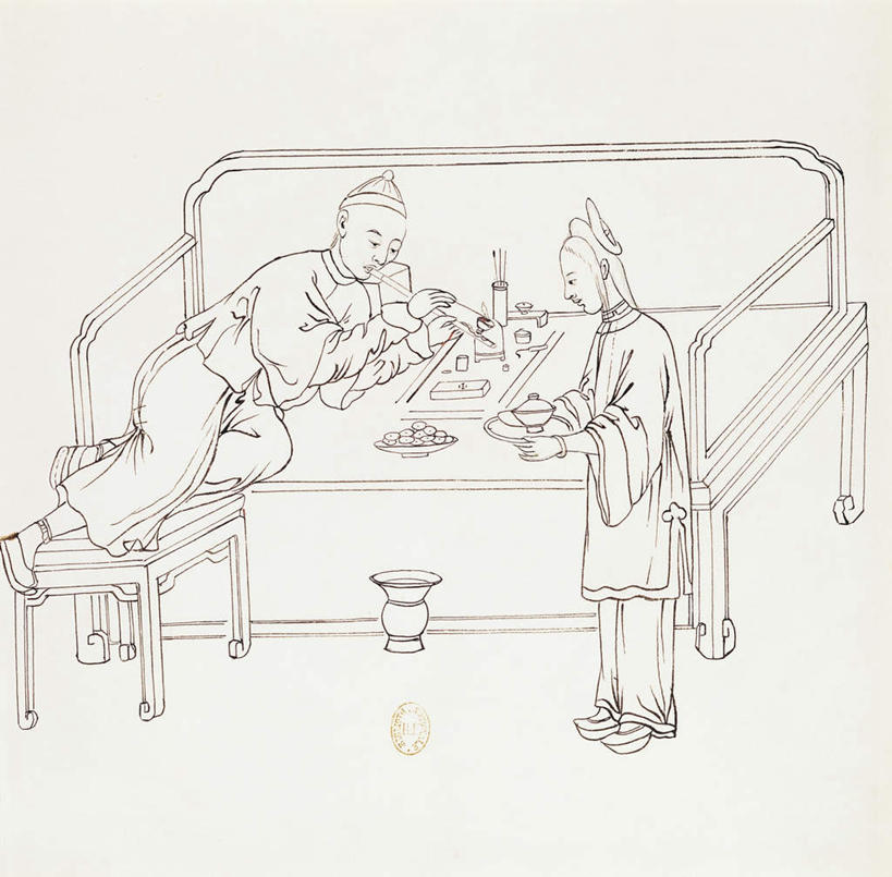 东方人,无人,两个人,躺,吸烟,横图,黑白,室内,白天,正面,民族服装,绘画,床,桌面,桌子,椅子,亚洲,握,服装,艺术,木制,木椅,床单,古典,拿,拿着,注视,黄种人,文化,被子,衣服,木制品,工艺品,观察,看,品味,握着,服饰,单人床,观看,美术,毒品,察看,高雅,被单,衣着,穿着,关注,美学,衣饰,鸦片,福寿膏,卧着,男人,男性,中年男性,亚洲人,抽烟,躺着,卧,全身,传统服装,民俗服