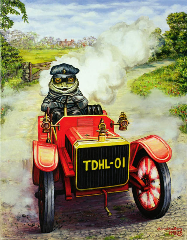 无人,笑,微笑,竖图,室内,白天,正面,绘画,草地,草坪,美景,植物,汽车,古董车,青蛙,野生动物,帽子,油画,一辆,艺术,景观,云,云朵,古典,云彩,注视,礼帽,文化,车,草,树,树木,一只,蓝色,绿色,白云,蓝天,天空,自然,动物,工艺品,交通工具,天,观察,驾驶,看,品味,行驶,景色,可爱,活泼,生长,晴朗,成长,观看,操纵,美术,灰尘,尘土,控制,察看,高雅,关注,自然风光,载具,飞扬,老爷车,操控,美学,一顶,把持,飞腾,晴空,彩图,全身,拟人