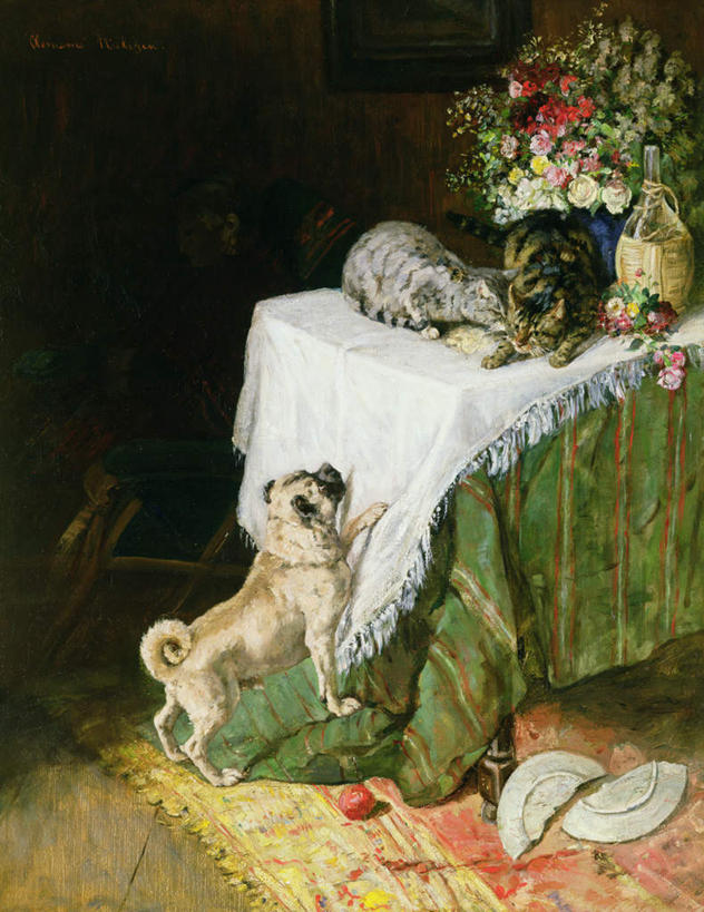 红酒,葡萄酒,无人,竖图,室内,白天,正面,绘画,桌面,桌子,宠物,狗,猫,杯子,油画,三只,阴影,艺术,光线,木制,布料,高脚杯,影子,红酒杯,酒类,古典,布纹,红酒瓶,注视,文化,玻璃制品,酒,酒瓶,桌布,饮料,动物,玻璃瓶,餐巾,酒杯,木制品,瓶子,工艺品,台布,观察,看,品味,红葡萄酒,可爱,哈巴狗,观看,打架,美术,察看,高雅,关注,打斗,猫咪,斗殴,忠诚,美学,巴哥,巴哥犬,玻璃杯,犬,彩图,全身