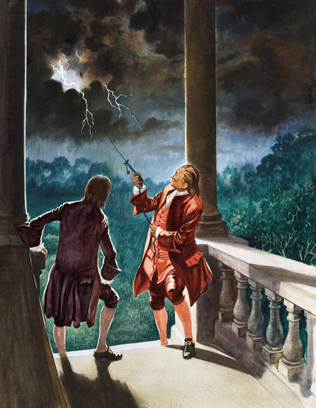 西方人,无人,两个人,科学家,栏杆,站,竖图,室内,白天,正面,绘画,闪电,雨,暴雨,大雨,油画,欧洲,欧洲人,握,阴影,服装,艺术,反射,影子,围栏,古典,拿,拿着,注视,文化,护栏,衣服,风筝,工艺品,观察,看,品味,站着,放风筝,握着,服饰,观看,细雨,美术,察看,高雅,衣着,科研人员,纸鸢,穿着,关注,打雷,研究者,雷,富兰克林,本杰明.富兰克林,放鹞子,鹞,鹞子,鸢,木鸢,科学研究者,美学,哲学家,政治家,衣饰,发明家,外交家,男人,男性,中年男性,白种人,科学工作者,打闪,小雨,站立,彩图,全身