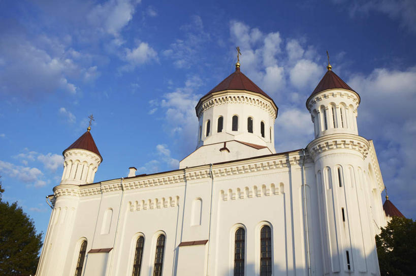 无人,教堂,横图,室外,白天,仰视,旅游,度假,植物,标志建筑,地标,建筑,欧洲,立陶宛,阴影,节日,光线,影子,墙,屋顶,云,云朵,首都,云彩,顶棚,文化,娱乐,建设,墙壁,墙面,树,树木,蓝色,绿色,白色,白云,蓝天,天空,阳光,自然,天,祈祷,享受,休闲,健康,旅游胜地,放松,许愿,宗教,信仰,生长,晴朗,成长,纪念,祈求,信念,立陶宛共和国,维尔纽斯,平安,晴空,彩图,低角度拍摄,大教堂,礼拜堂